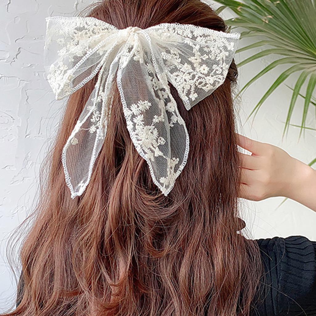 Lystrfac Spring Summer White Handmade Lace Bow Hair Ribbon Headdress Streamer Bow Scrunchies for Women Lolita Hair Accessories