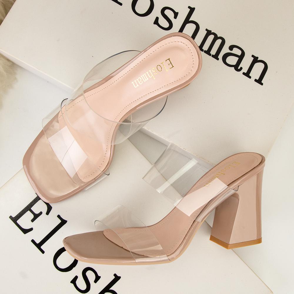 Fashion 2025 Summer Women Block Fetish 8.5cm High Heels Nude Mules Transparent Thick Sandals Female Pumps Clear Low Heels Black Shoes