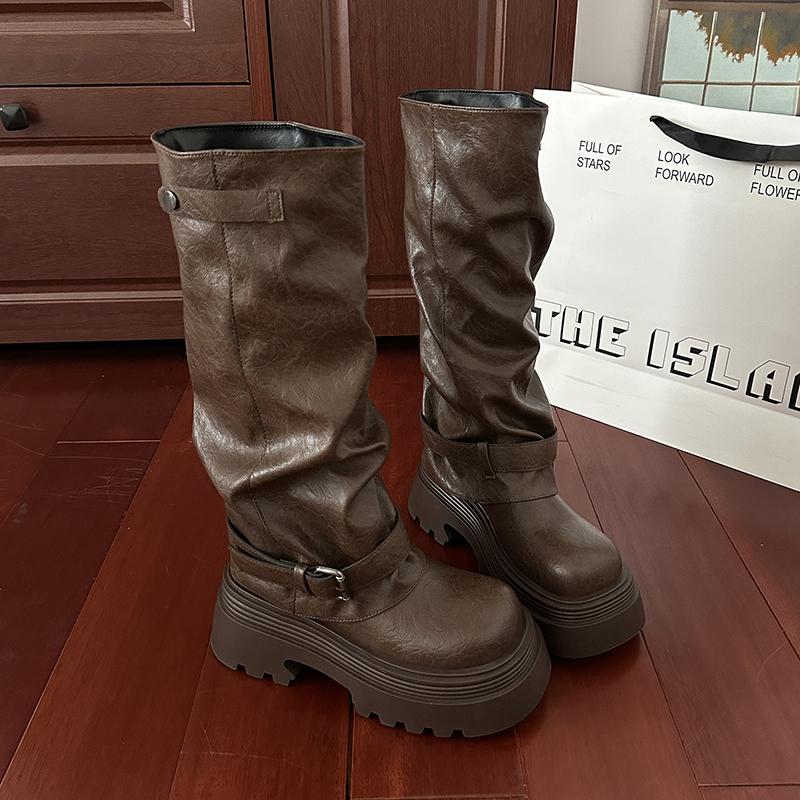 Vintage Thick Bottom Woman Knee High Boots Fashion Belt Buckle Shoes Female Slip On Knight Long Booties Shoes