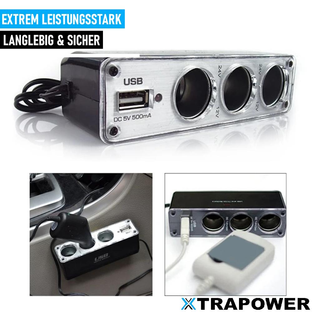XTRAPOWER Zigarettenanzünder Verteiler Auto KFZ Adapter 3-Fach Splitter mit USB