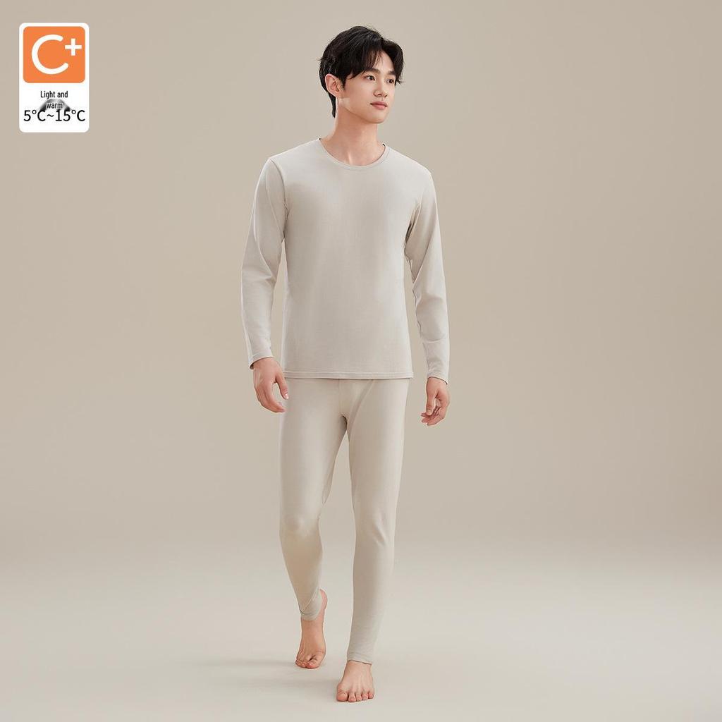 Men's Brushed Thermal Cotton Modal Crew Neck Underwear Set - Winter Thin Warm Set