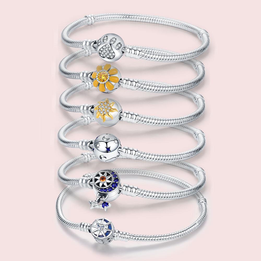 925 Silver Flower Heart Bracelet Sparkling Sun Moon Star Bracelet for women Fit original charms beads jewelry love gift