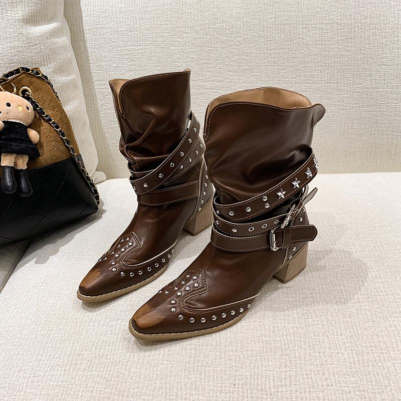 Female pointed European and American style boots fashion boots versatile autumn new rivet thick heel height increase thin short boots