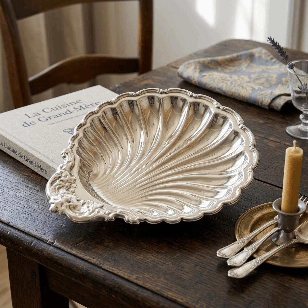 Vintage Dessert Plate Shell Shape Silver Color Embossed Food Tray Decorative Embossed Details Shell Shaped Dish Photo Props