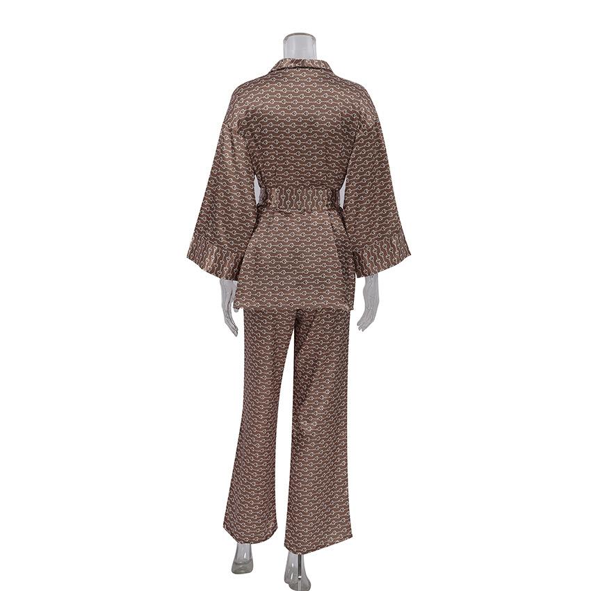Autumn European Style Satin Print Pajamas Set Women's Loose Homewear Cardigan Robe Long Pants Cool Feel Nightwear For Casual Outing