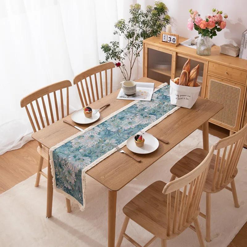 Table Linen Yarn Dyed Tablecloth Jacquard Oil Painting with Small Daisy Fringe Table Flag Placemat Entrance Cabinet Cover