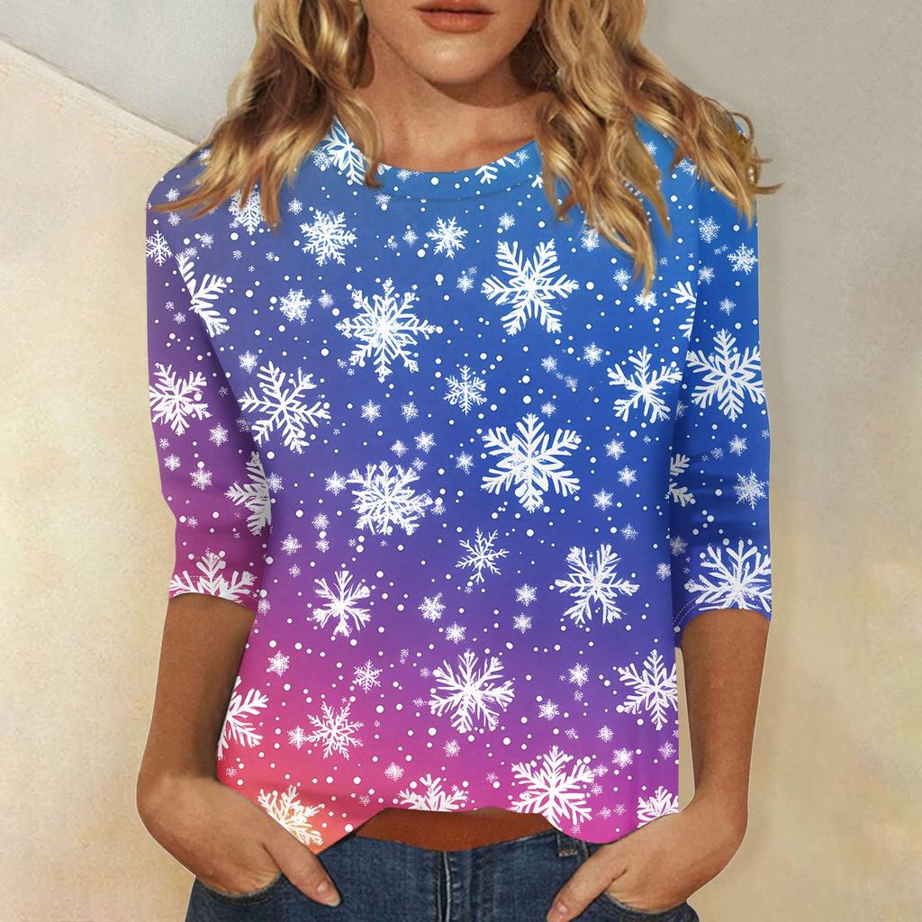 Women's Fashionable Casual Three Quarter Sleeve Christmas Printed Collar Pullover Top
