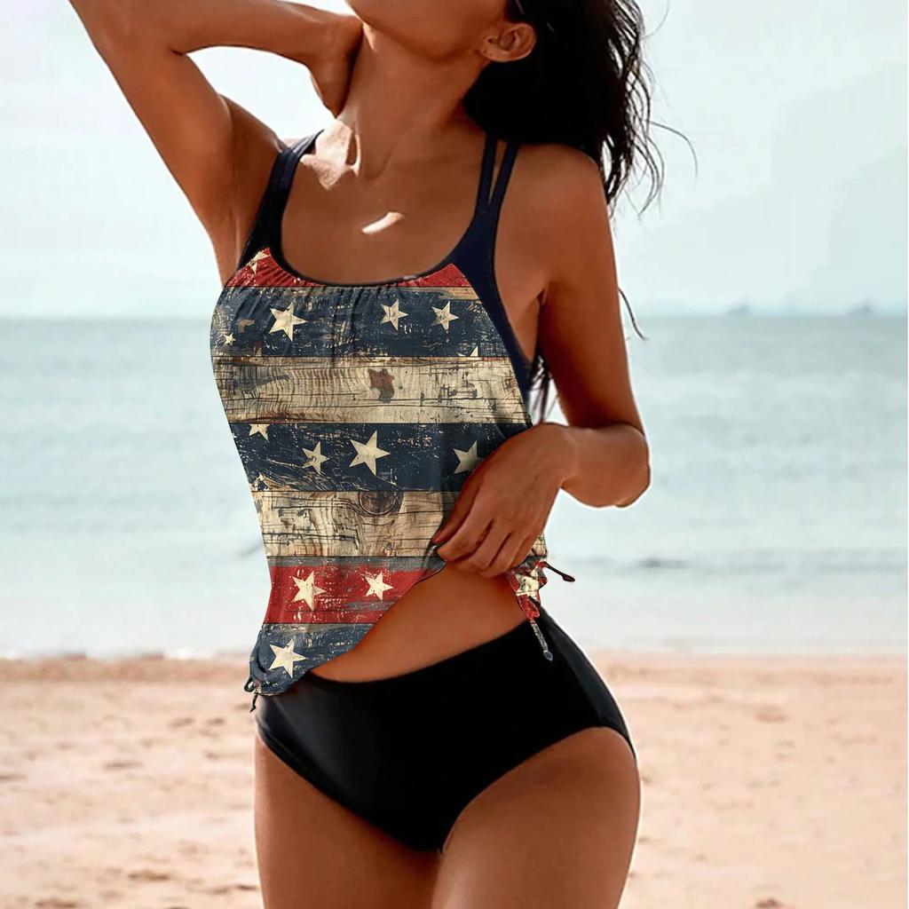 Women's Fashionable Two-Piece Sexy Bikini Beach Set With Flag Print Swimwear