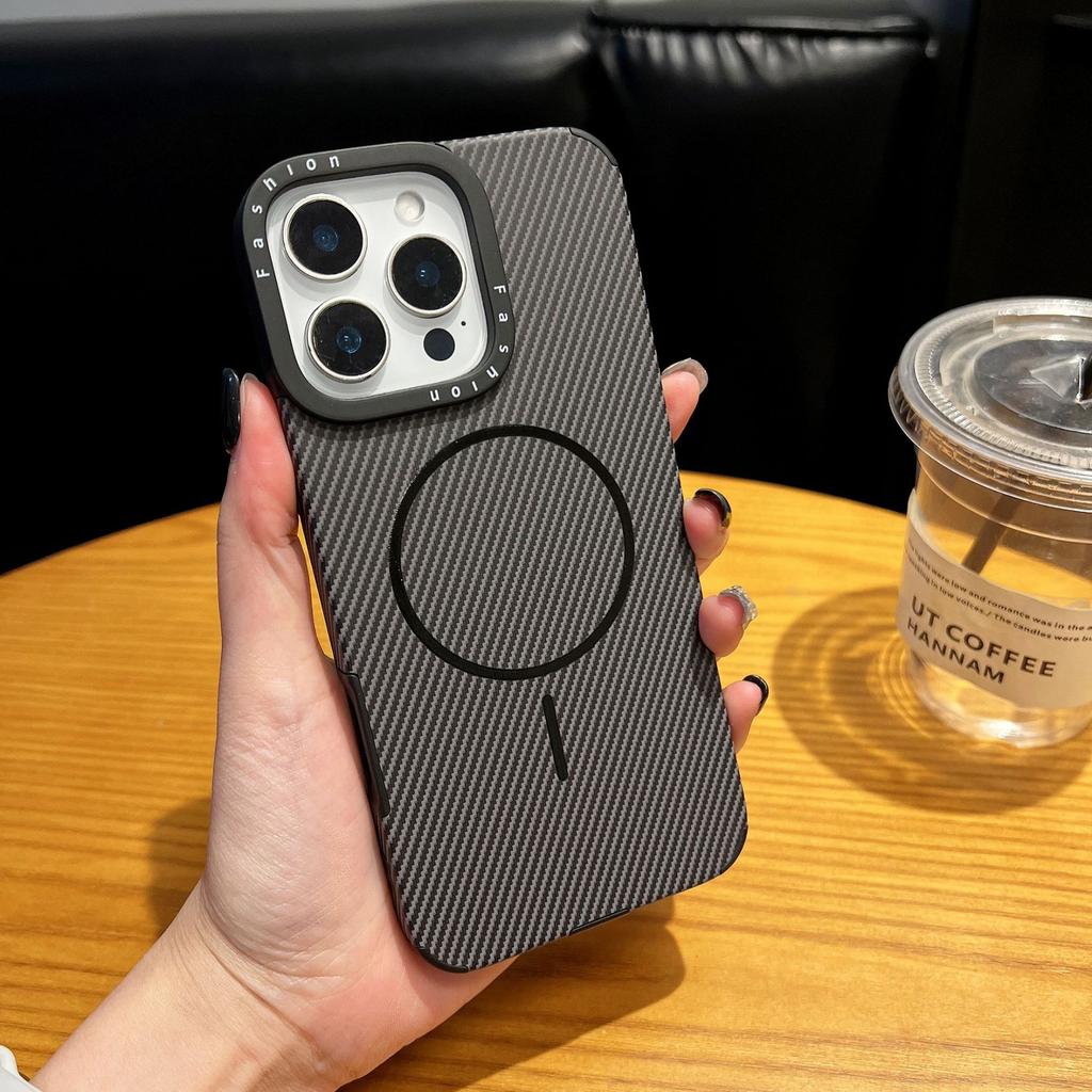 For Apple 16 Promax Thin Ring Magnetic Phone Case for Apple 15 Kevlar Carbon Brazing Pattern 14 Anti-fall