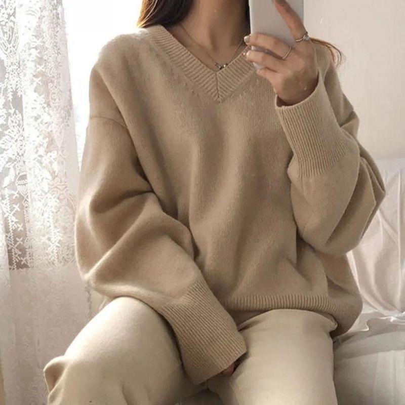 Women's Autumn & Winter Korean Style V-Neck Sweater Loose Lazy Style Versatile Pullover Knit Top Base Layer for Women