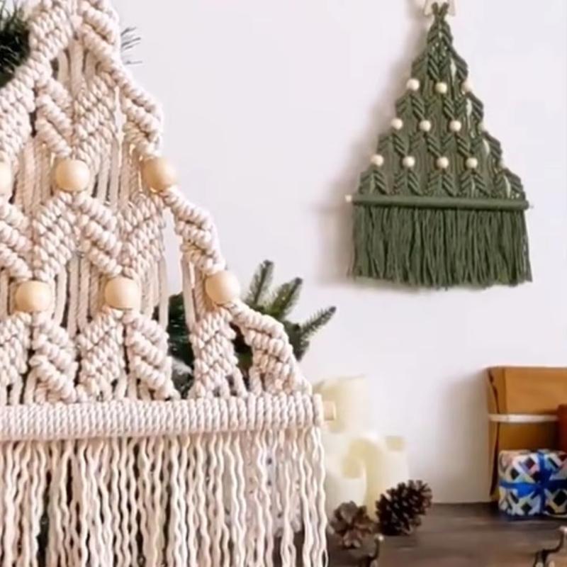 ZDQ Aesthetic Woven Christmas Tree Macrame Tapestry Wall Hanging Pendant with Decorative Tassel Cotton Rope for Apartment Decor
