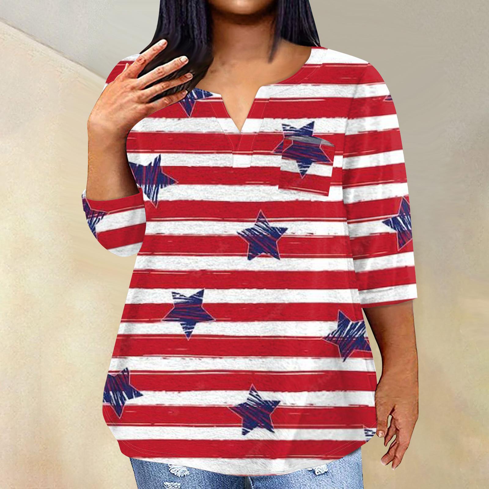 

Женский модный повседневный пуловер с рукавами три четверти и принтом в честь Дня независимости и V-образным вырезом, топ с рукавами 3/4 XL винный