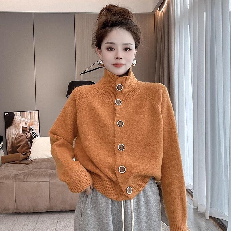 Women's New Women Knitted Autumn and Winter High Neck Top Lazy Style Knitted Sweater Cardigan Jacket