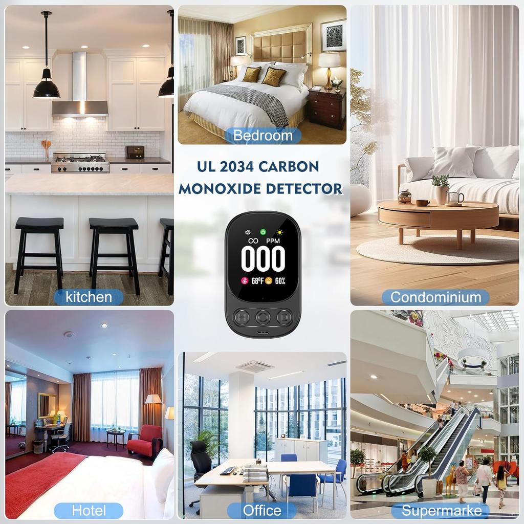 Carbon Monoxide Detectors Plug in, 3-in-1 CO Detector with Temp/Hum Sensor Portable Travel Carbon Monoxide Alarm with 85dB Alarm