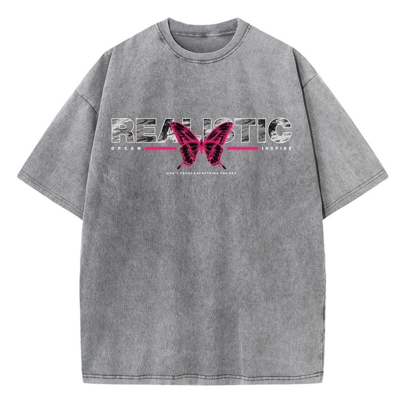 

Unisex Butterfly Washed Cotton Tshirt Realistic Letter Printed Tshirt Plus Size Round Neck Top Fashionable S