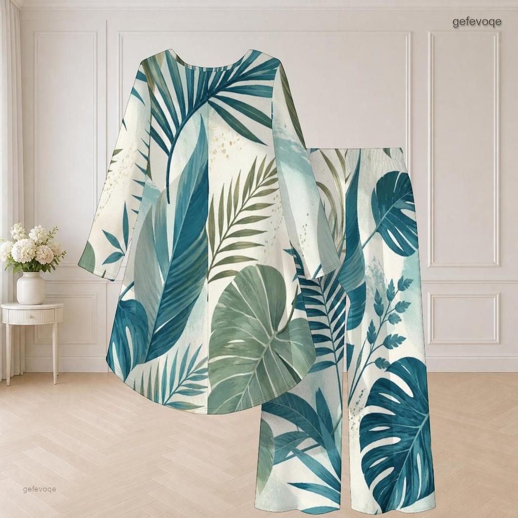 Women Plus Size Round Neck Long Sleeve Printed High Low Top Wide Leg Pants Two Piece Set