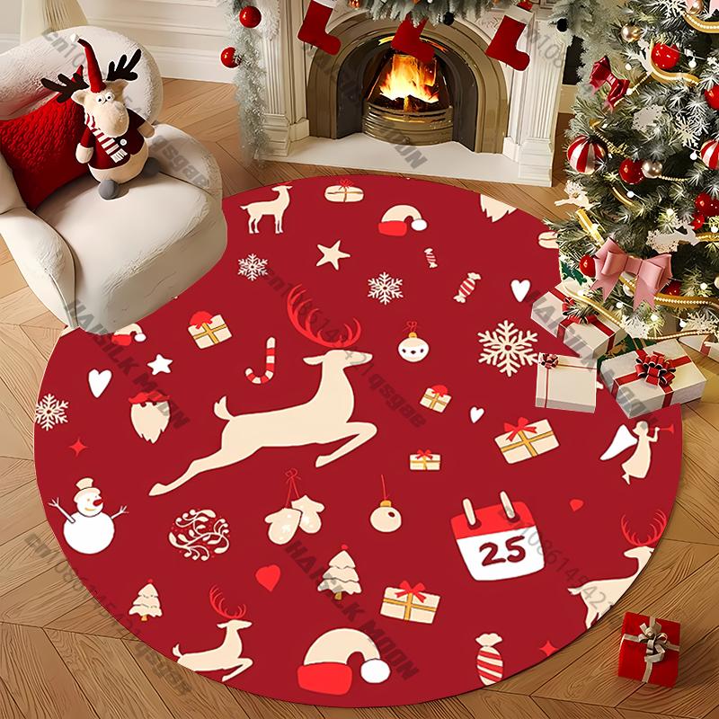 Cute Christmas Deer Round Carpet for Kid's Living Room Picnic, Anti-Slip Rug, Yoga Rug Doormat Floor All Seasons Red Mat Gifts