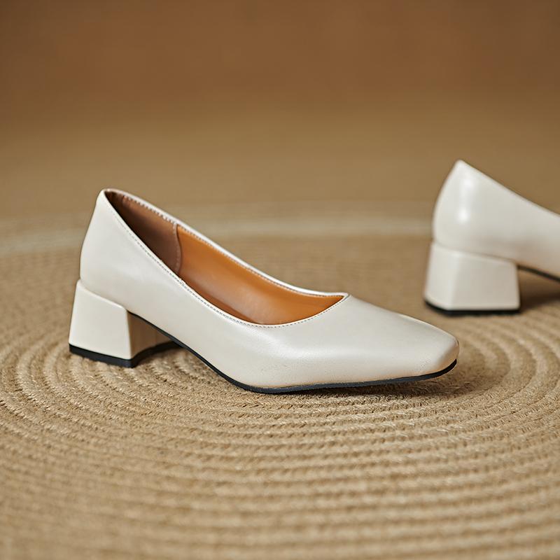 Women's High-heeled Single Shoes Simple and Versatile Thick Heel Large Size Square Head Shallow Mouth Low-top Shoes