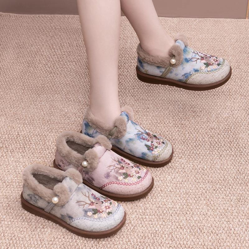 Cotton Shoes, Winter Women's Ethnic Style Women's Boots, Fashion Embroidered Boots, Warm and Comfortable Boots, One-foot Pumps