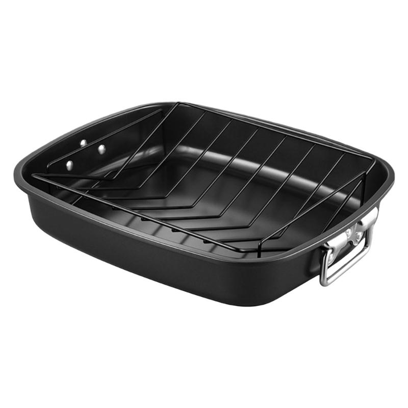 Heavy Duty Roasting Pan 17Inch Carbon Steel Baking Tray with V-Shape Grill Roasting Rack Turkey Roaster Pan for Cooking