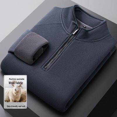 Chemise de base à fermeture éclair chaude pour homme en mélange de laine avec doublure pelucheuse et col montant