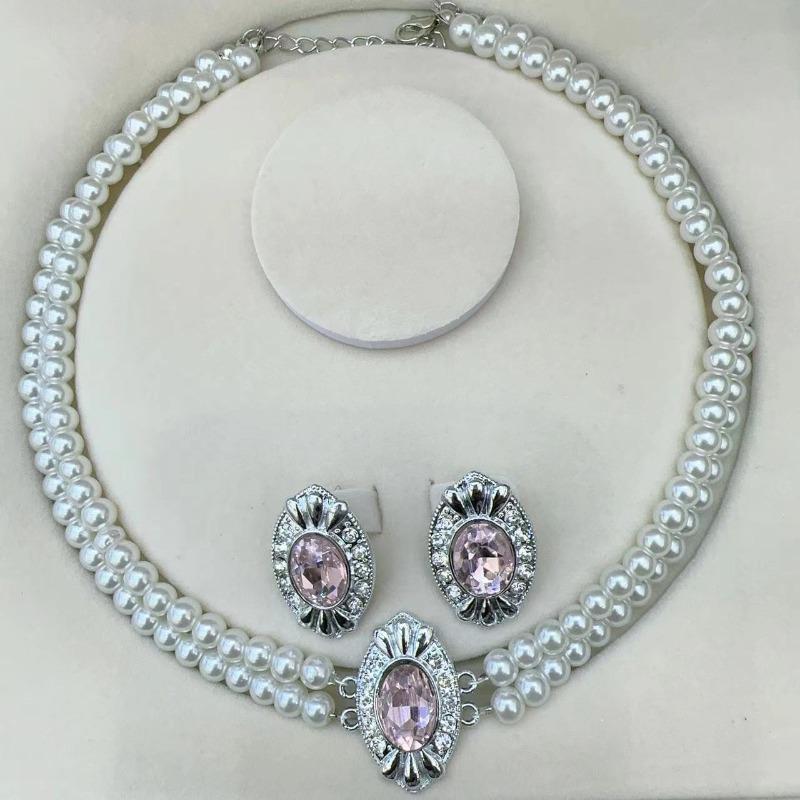 Retro Imitation Pearl Multi-layer Necklace - Green Rhinestone Luxury Necklace