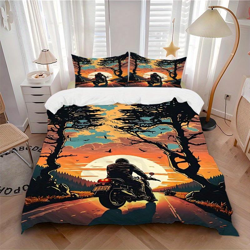 

3pcs Motorcycle Sunset 1Cover + 2Pillowcases, PillowInserts NotIncluded, Machine Washable, All - Season Use, Suitable for Bedroom Guest Room72 135x200cm