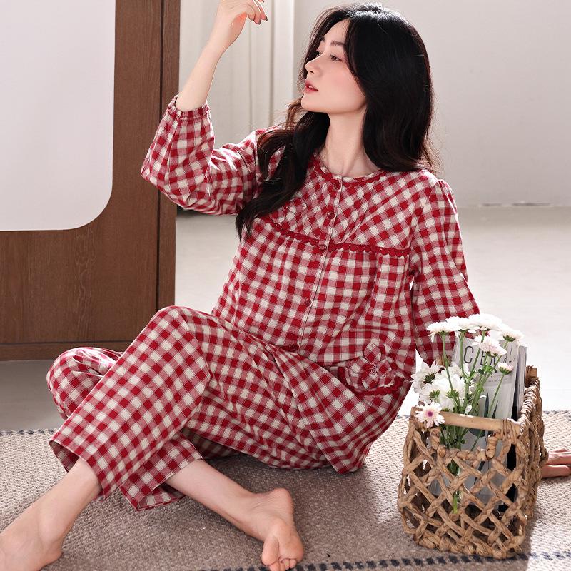 Pajamas Women'S Spring And Autumn Pure Cotton Long-Sleeved Large Size Medium Women'S Autumn And Winter Women'S Cotton Loungewear Set
