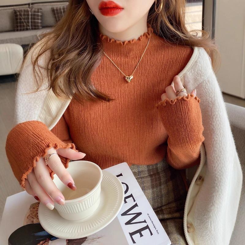 Fungus Edge Base Shirt Women's New Autumn and Winter Underwear with Black Semi-turtleneck Sweater and White Winter Knitted Top