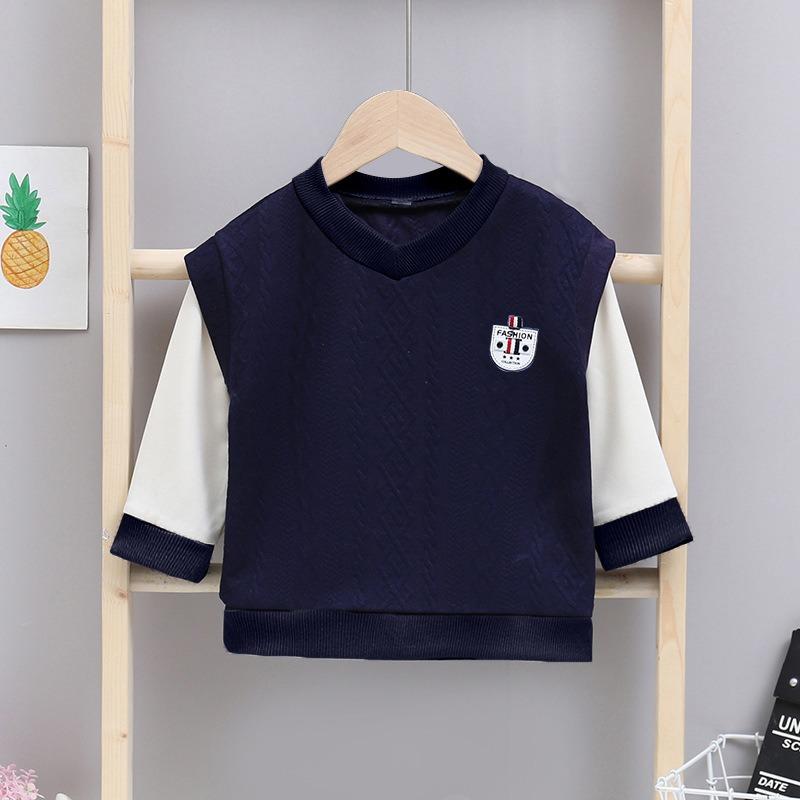 

Children s Spring and Autumn Sweaters, Boys Tops, T-shirts, Round Neck Boys, Fake Two-piece Bottoming Shirts 170 темно-синього кольору
