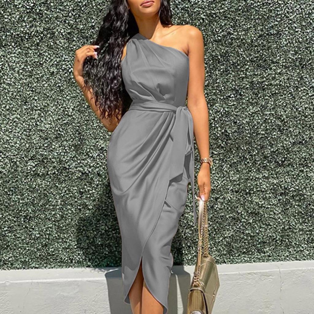 Fashion Womens Color Irregular Sloping Shoulder Waistband Slimming Dress