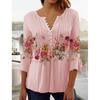 Spring Floral Print Women Plus Size Long Sleeve V Neck Loose Casual Blouse Button Top Tee Shirt