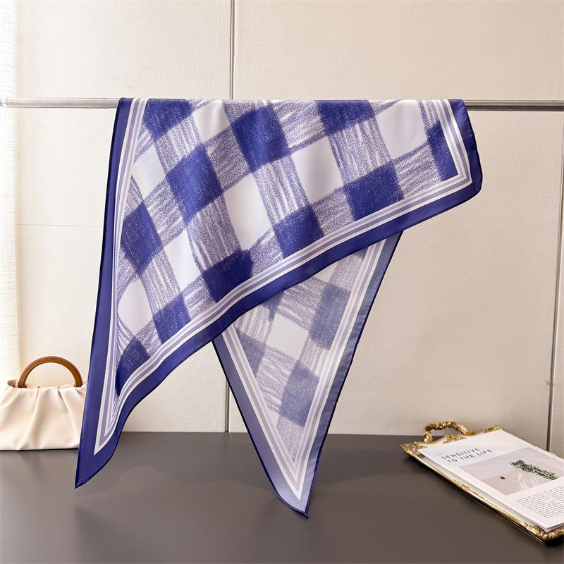 Vintage Plaid Triangle Scarf Imitation Silk Printing Sunscreen Shawl Waist Scarf Silk Scarf Scarf Headscarf Women