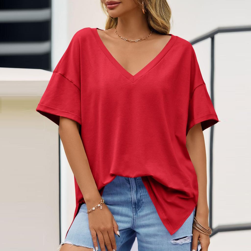 Women's Fashion Casual Drop Shoulder Short Sleeve Deep V-Neck T-Shirt Top