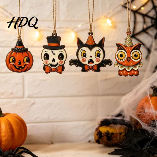 Halloween Door Frame Wooden Hang Tags 6Pcs Vintage Ornaments for Tree Decorations Black Cat Pumpkin Wood Cutout Cartoon Ghost Decor Owl Hanging