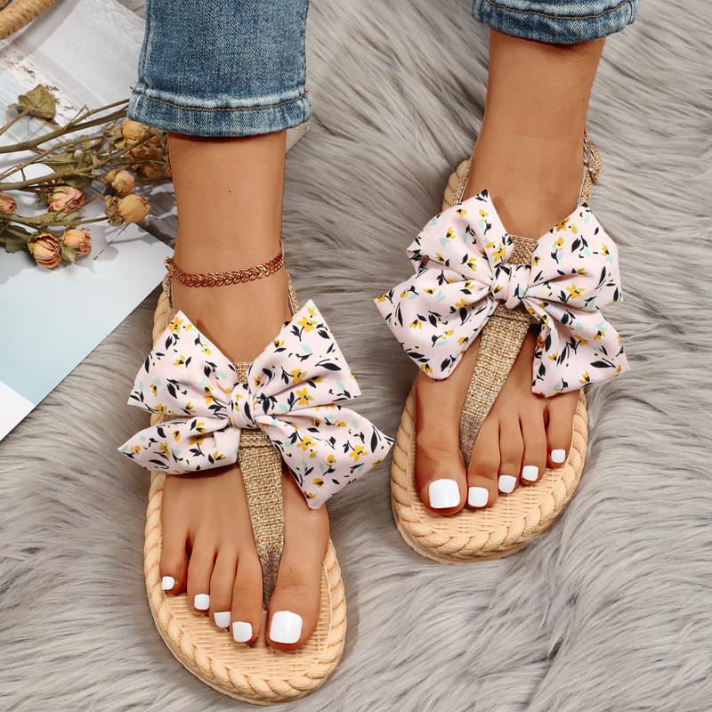 Summer Womens T Bar Sandals With Canvas Material And Butterfly Knot For Outdoor And Indoor Wear