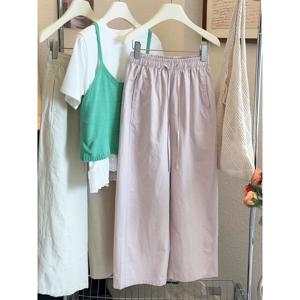 Women s Elastic Drawstring High Waist Washed Cotton Wide Leg Cropped Pants M розовый