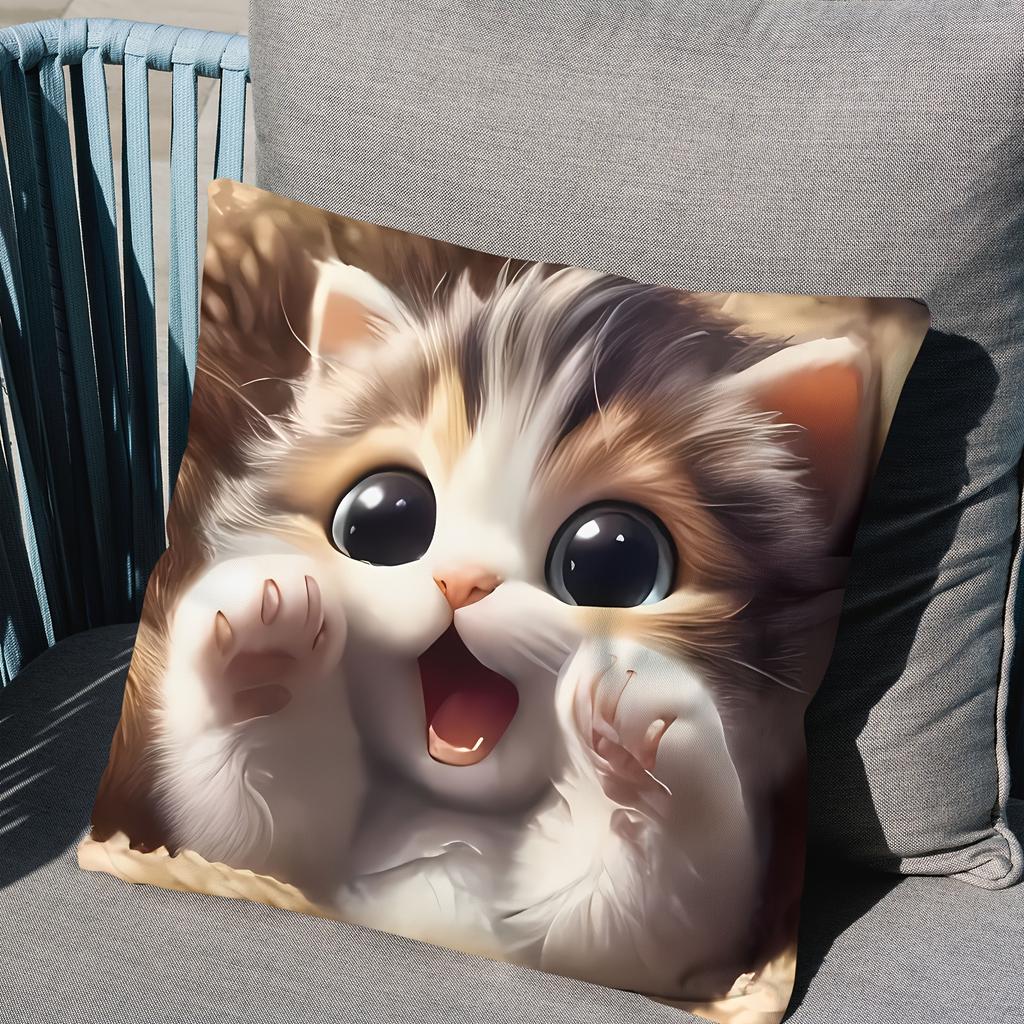 "Cute Kitten Pillowcase, Big Eyes Cartoon Design for Cozy Home Decor, Soft Cotton Cushion Cover with Adorable Animal Style"