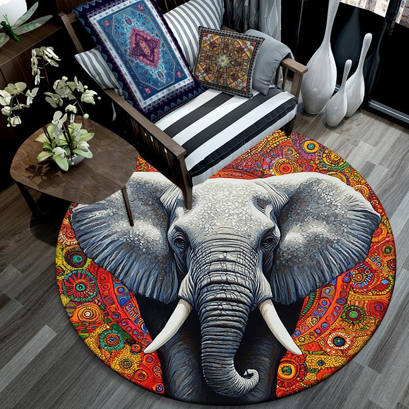 Elephant Mandala Round Area Rug,Carpet Rug for Living Room Bedroom Sofa Playroom Decor,Non-slip Floor Mat