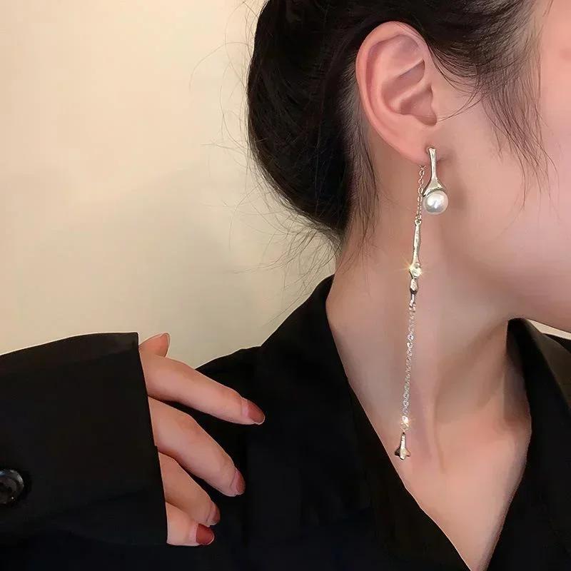 Summer Fashion Asymmetric Pearl Long Tassel Earrings for Women Korean Style A Two-wear Drop Chain Jewelry Accessories Gifts