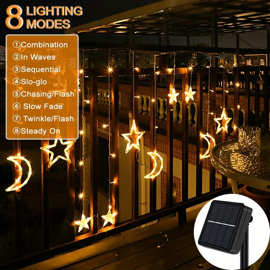 3.5M Solar Moon Star Curtain Lights Waterproof 8 Modes LED Fairy String Lamp for Christmas Party Window Garden Holiday Decor