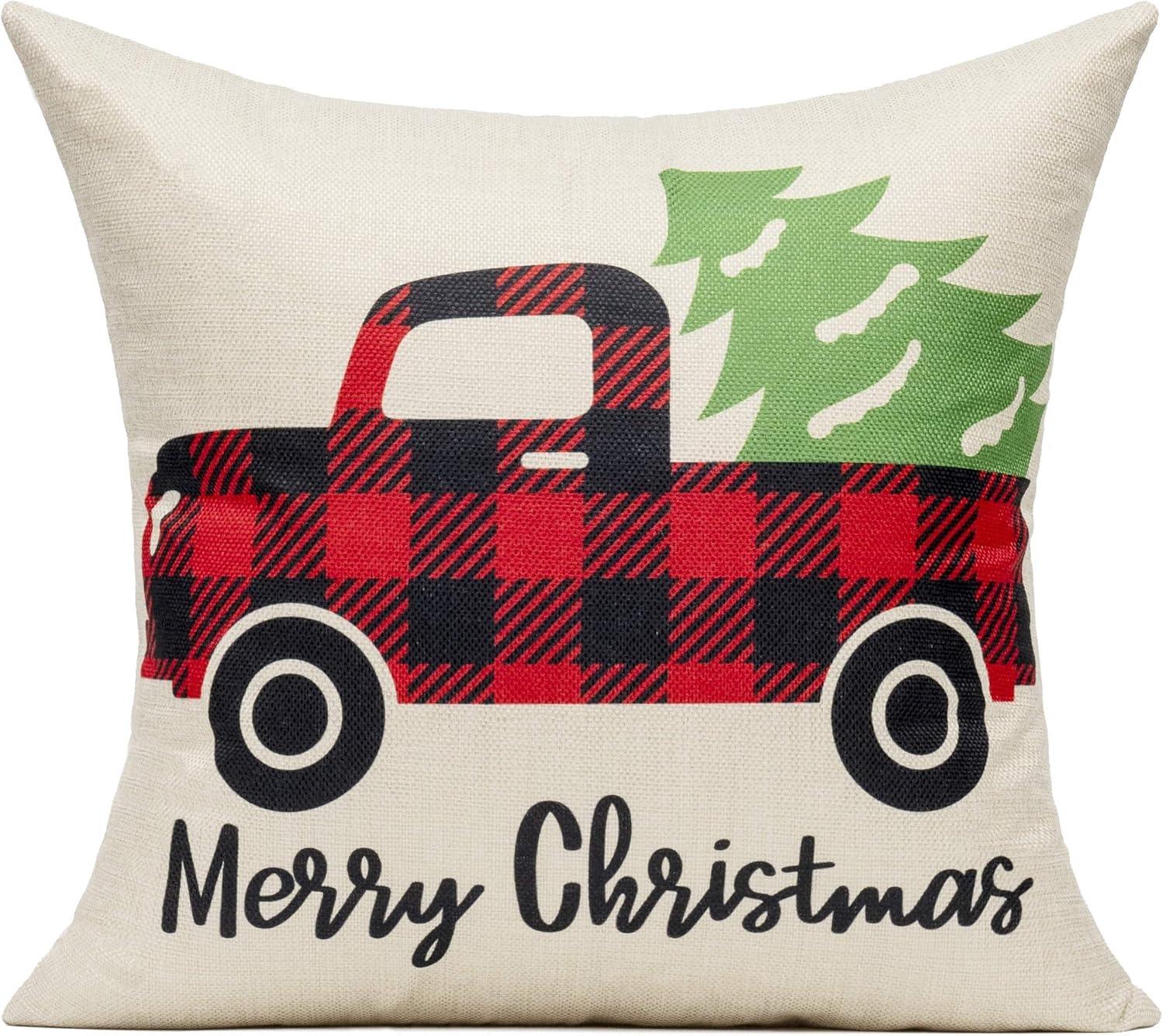 

Christmas Plaid Throw Pillow Cover, Truck & Deer & Snowflake Printed Cushion Case for Home Decor 16x16Inch