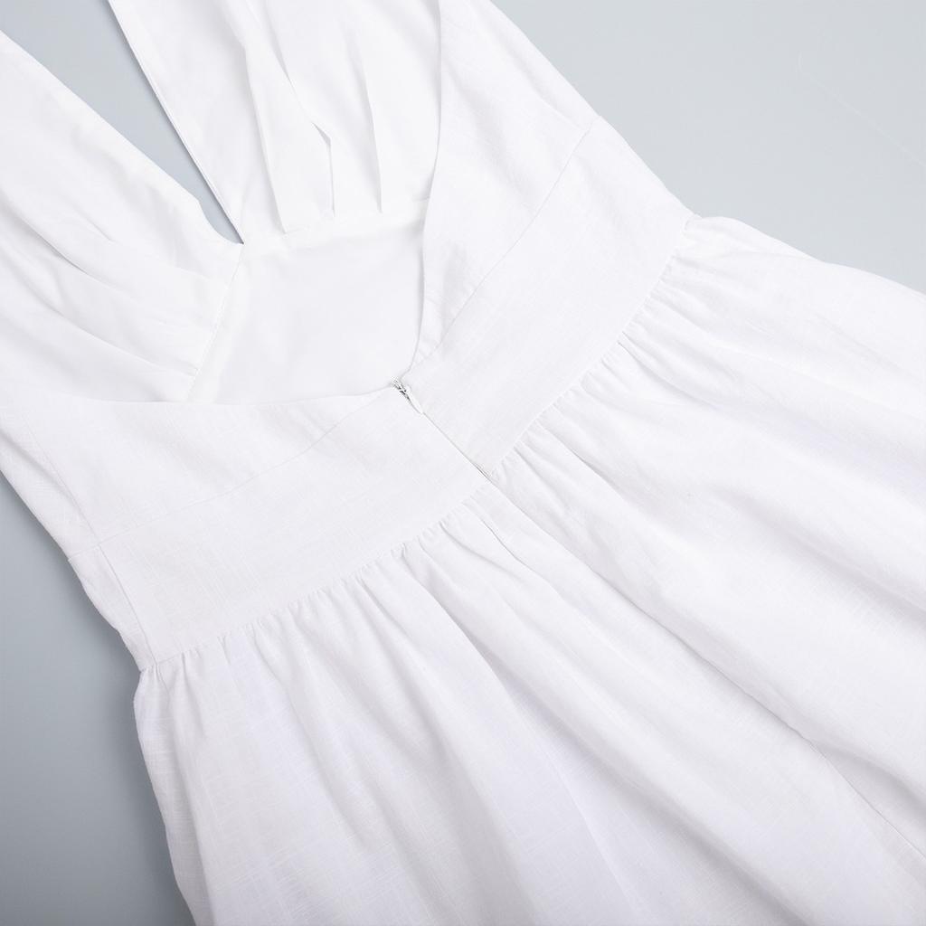 Cotton Long Dress With Waist Cinched V-neck And Large Swing, Tied Long Skirt For Women