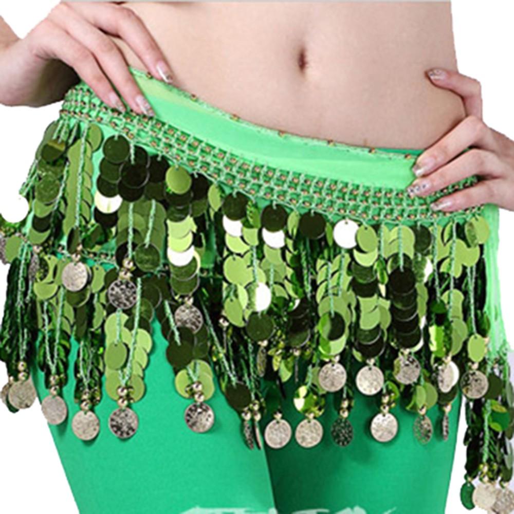 Bellydance Hip Scarf with Dangling Sequins for Belly Dancer Waist Chain Skirts Wrap 11 Colors Cute Stage Dance Wear for Women