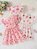 3pcs Young Girl's Casual and Cute Dessert Series Ice Cream & Candy & Donut Bread All-over Print Round Neck Short Sleeve Dress Spring/Summer