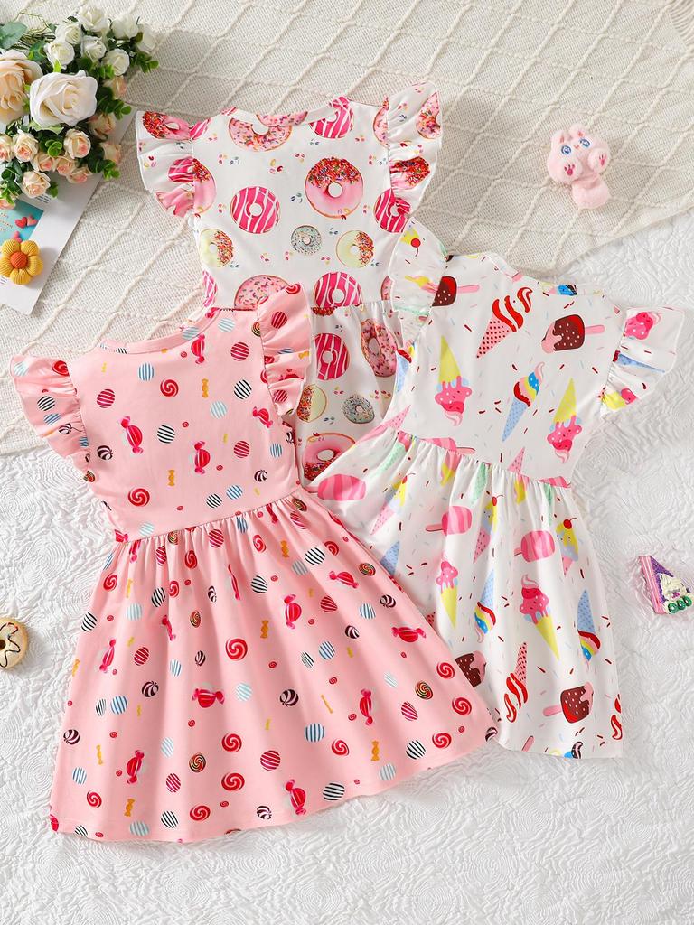 3pcs Young Girl's Casual and Cute Dessert Series Ice Cream & Candy & Donut Bread All-over Print Round Neck Short Sleeve Dress Spring/Summer