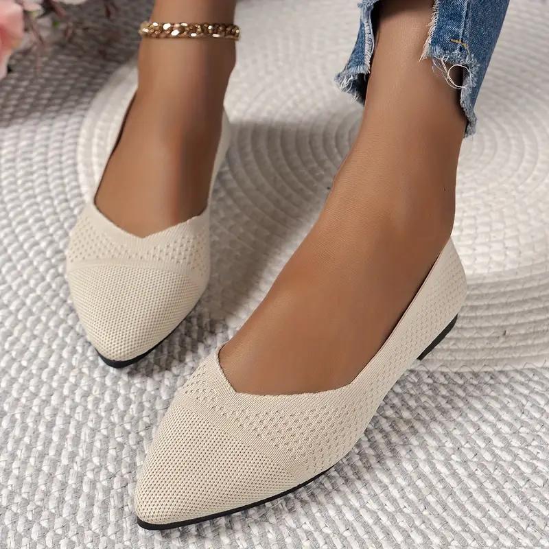 Women's Fashion Flat Shoes Casual Pointed Toe Knit Flats Breathable & Comfort Slip-On Ballet Shoes
