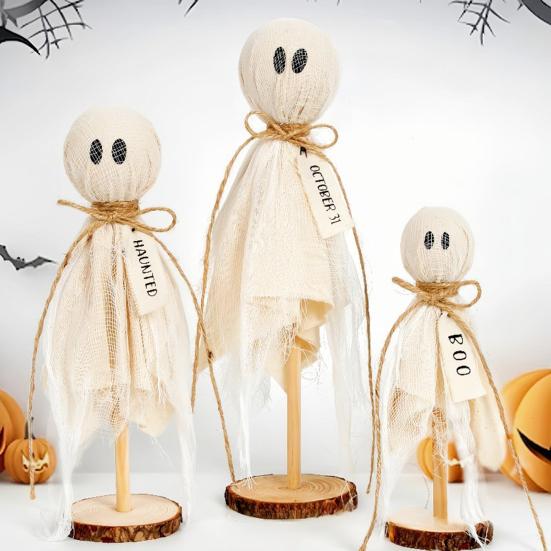 3Pcs Ghost Ornaments Wooden Halloween Decorations Adorable Shape Fabric Ghost Figures Table Decor Party Supplies