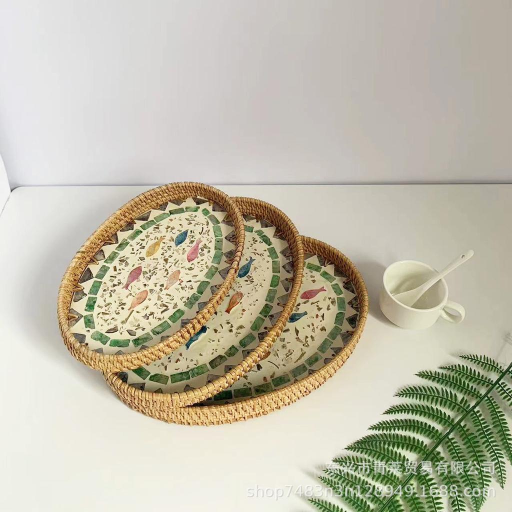 Nuovo Cesto Intrecciato Ovale Vintage Fatto a Mano in Rattan, Boho Naturale, Tessitura con Conchiglie Colorate, Cesto portaoggetti, per Pane, Snack, Frutta, Colazione