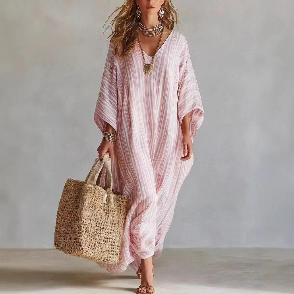 Women Striped V-Neck Loose Dress Elegant Casual Stylish Half-Sleeved Ankle Dress Female Outdoor Vacation Style Beach Dress